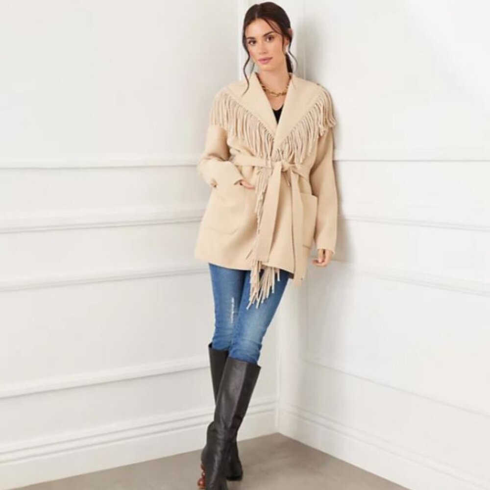 Karen Kane Belted Fringe Jacket – Beige M - NWT
